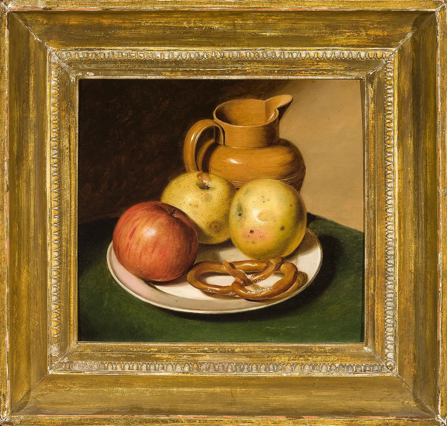 Raphaelle Peale (1774–1825). Still life of Fruit, Pitcher, and Pretzel, 18190. Oil on wood panel, 11 3/4 x 13 in.