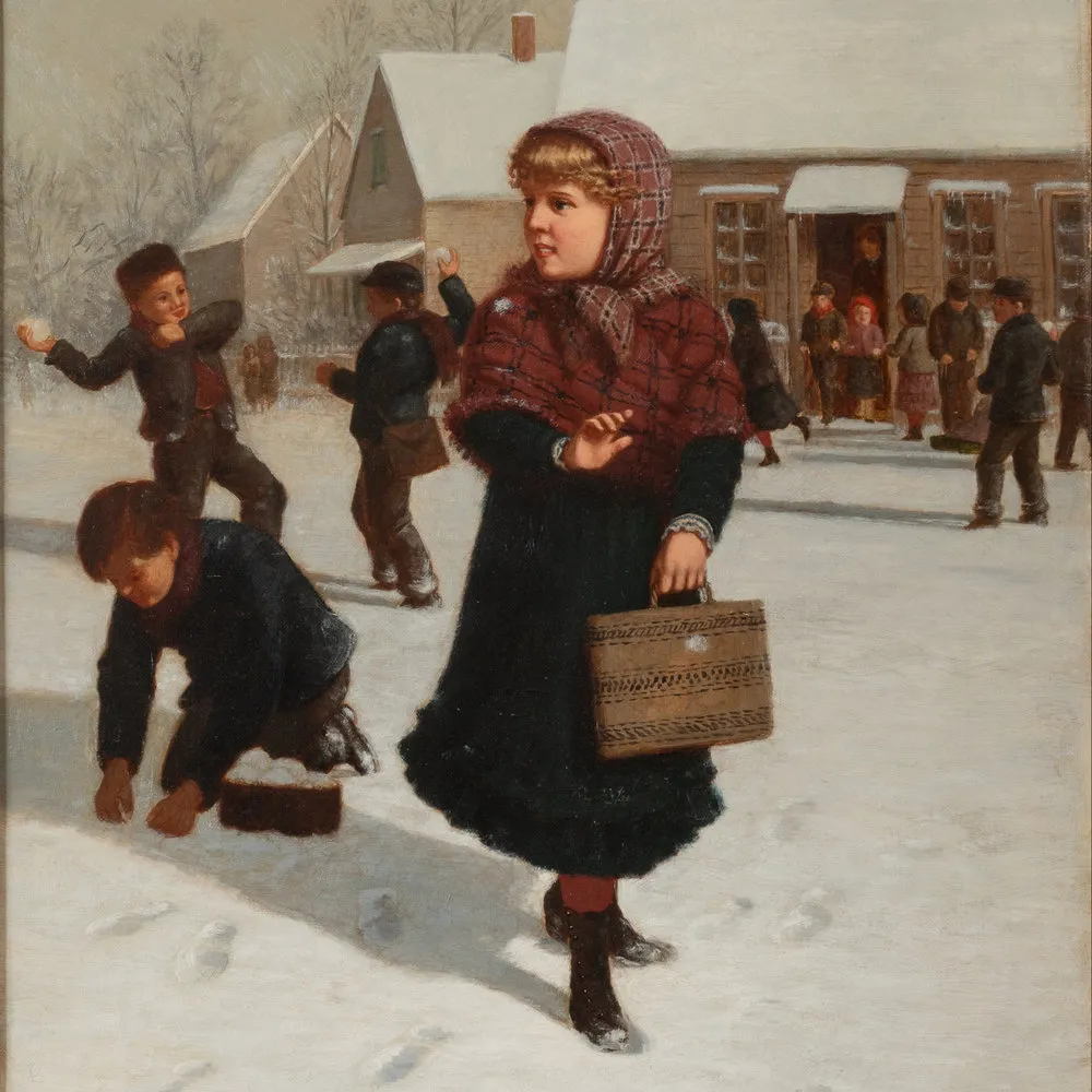 Samuel S. Carr (1837–1908). School Days. Oil on canvas, 24 x 18 in. (detail). A snowball fight outside a country schoolhouse.