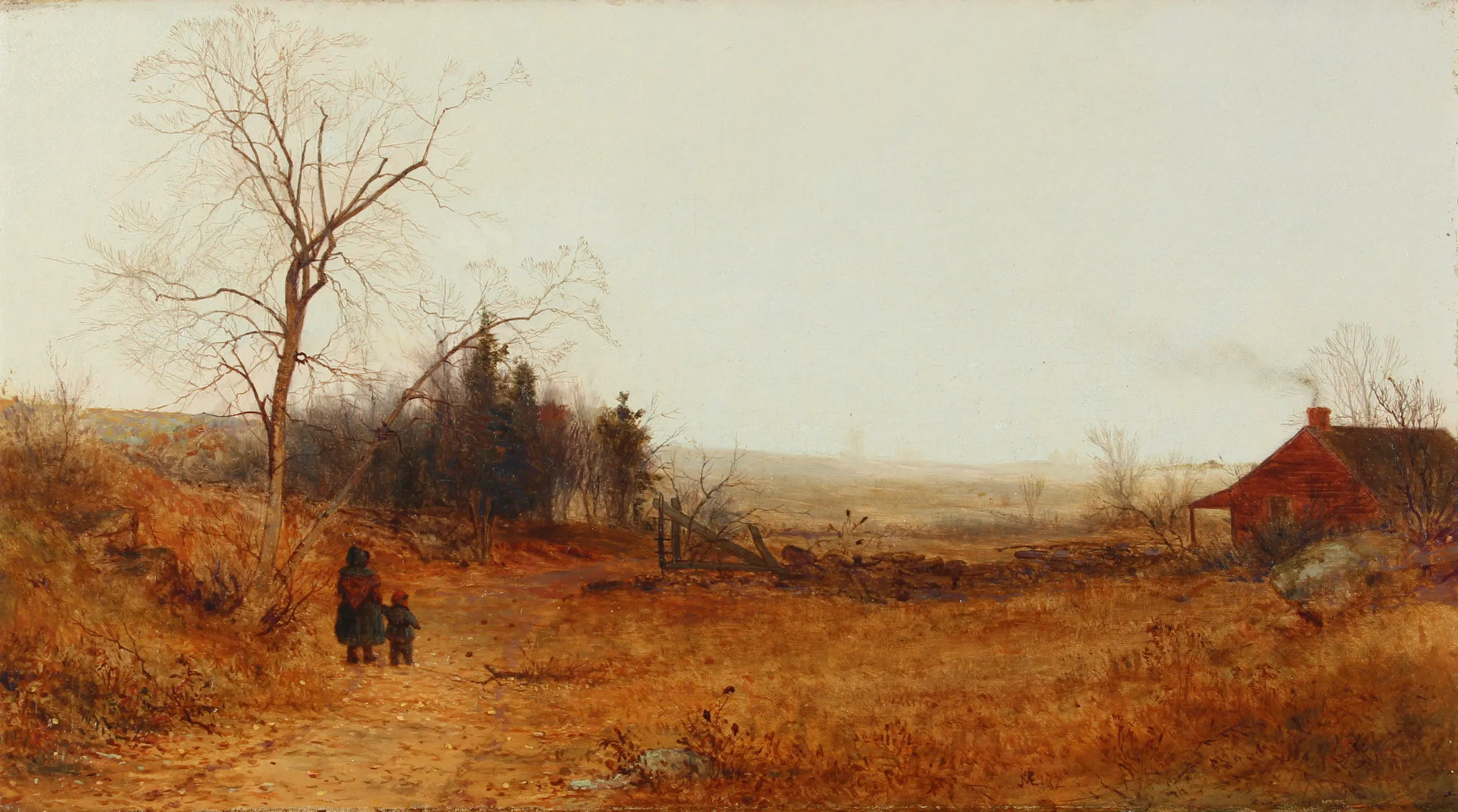 Jervis McEntee (1828–1891). Landscape with Mother and Child, 1862. Oil on canvas, 10 x 17 3/4 in. Signed and dated