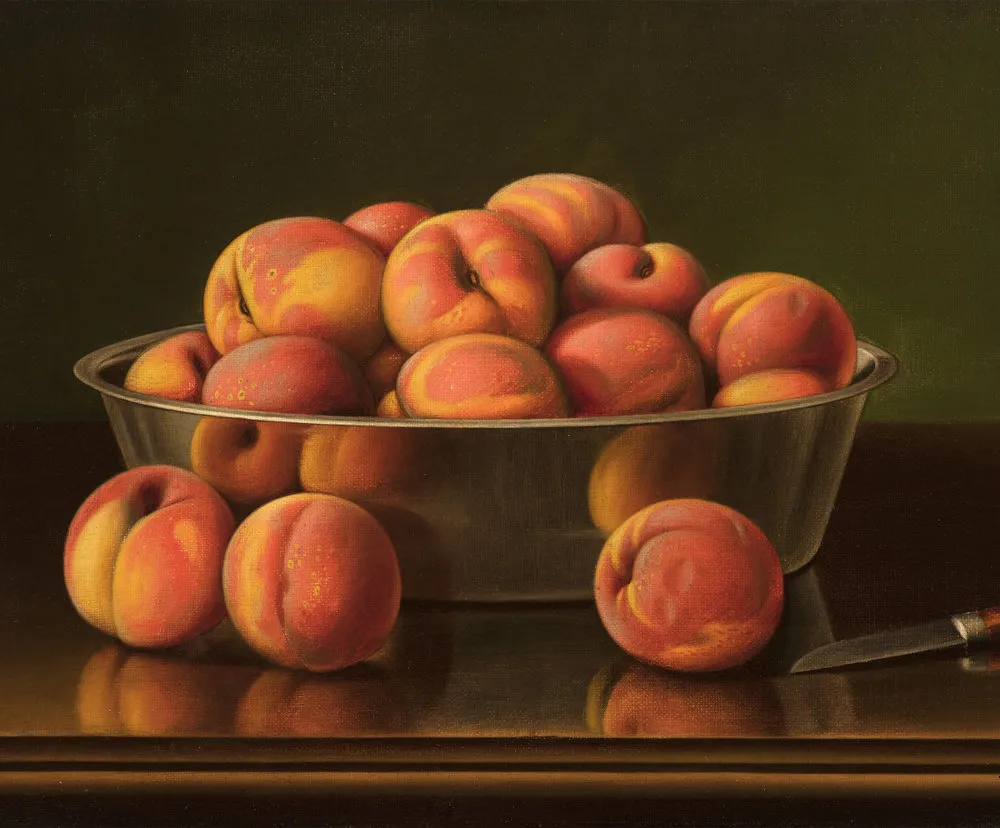 Levi Wells Prentice (1851–1935), Peaches in a Silver Bowl, oil on canvas, 12 x 18 in. (detail)