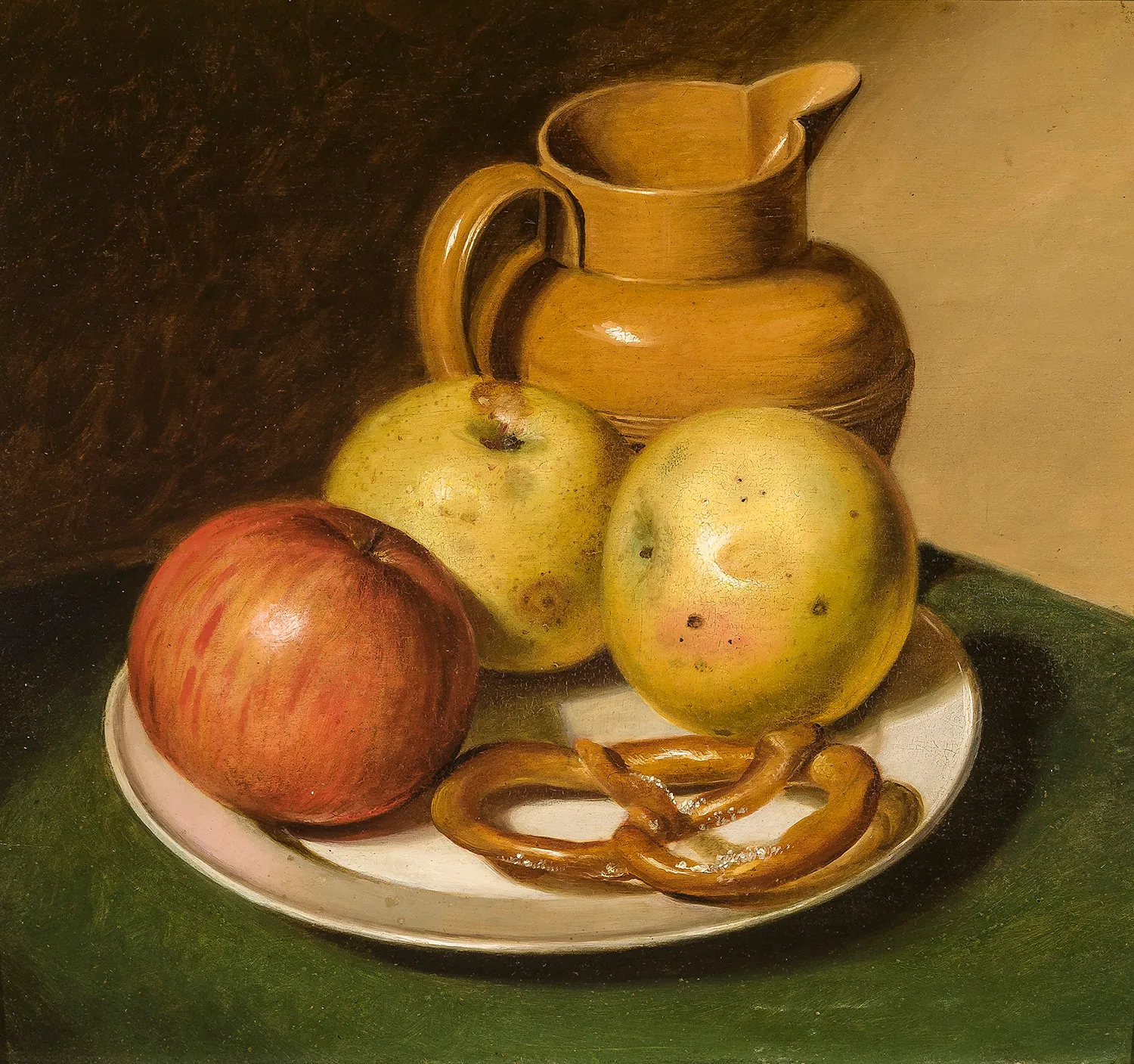 Raphaelle Peale (1774–1825). Still life of Fruit, Pitcher, and Pretzel, 18190. Oil on wood panel, 11 3/4 x 13 in.