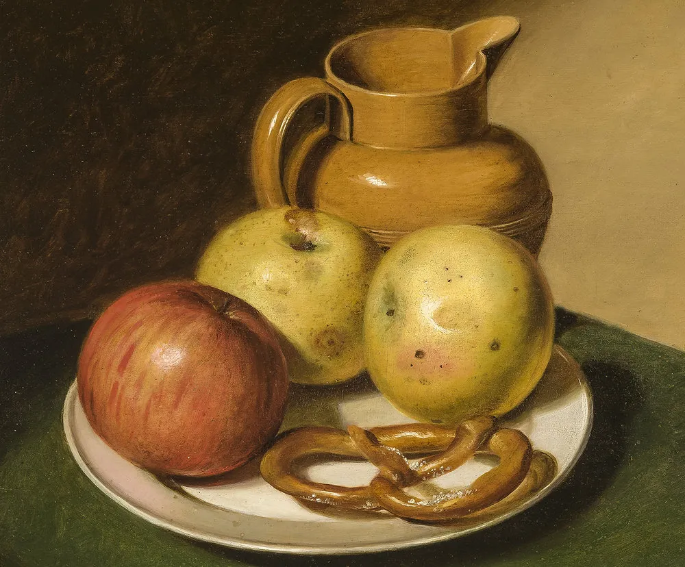 Raphaelle Peale (1774–1825). Still Life of Fruit, Pitcher, and Pretzel, 1810. Oil on wood panel, 11 3/4 x 13 in. (detail)