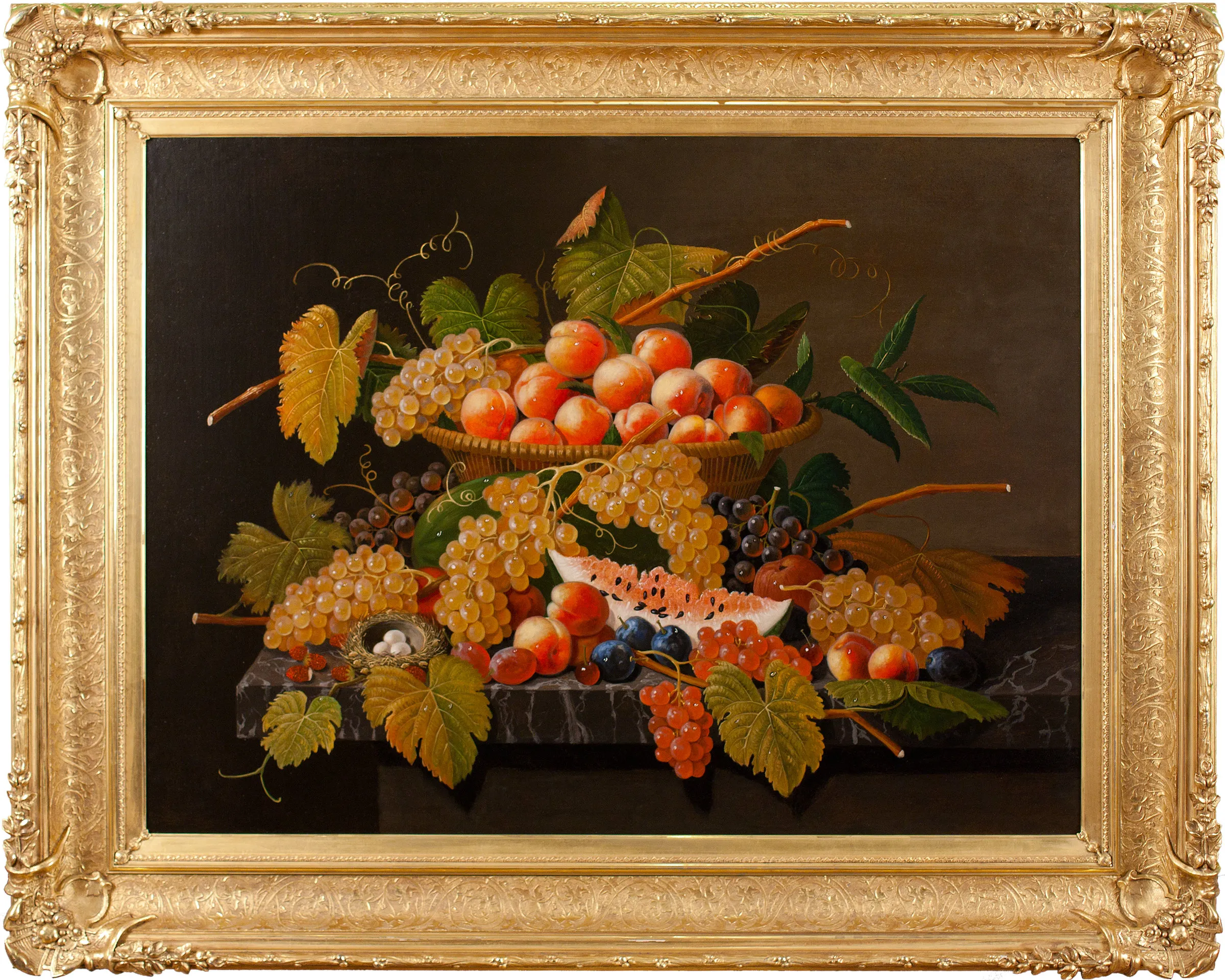 Severin Roesen (1816–c. 1872), Still Life with Fruit and a Bird’s Nest, c. 1871, oil on canvas, 30 x 40 in.