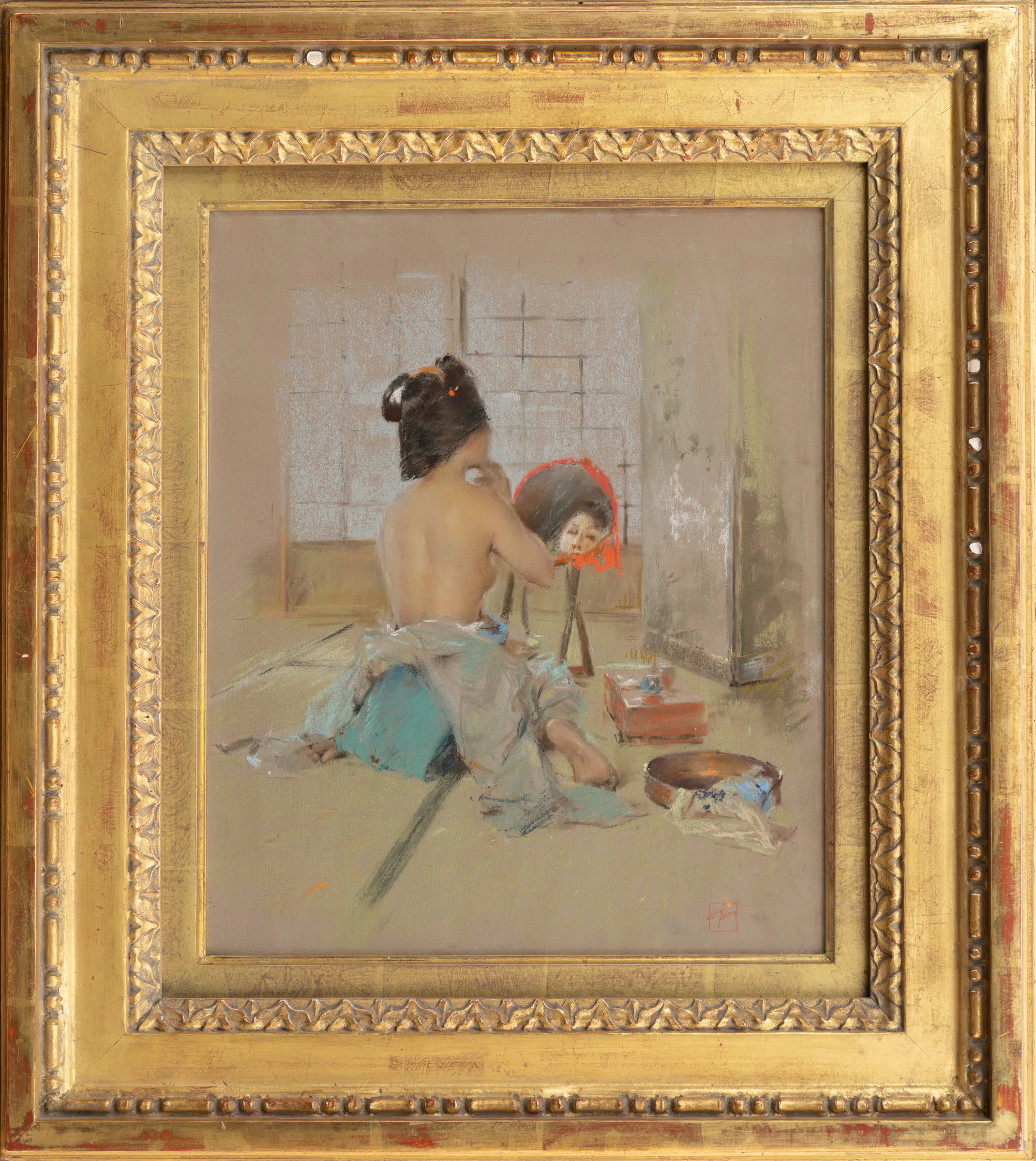 Robert Frederick Blum (1857–1903) Geisha at Her Toilet, c. 1891–92. Pastel on paper, 14 1/4 x 11 1/2 in. ​​​​​​​Signed with artist's device lower right: Blum (framed)