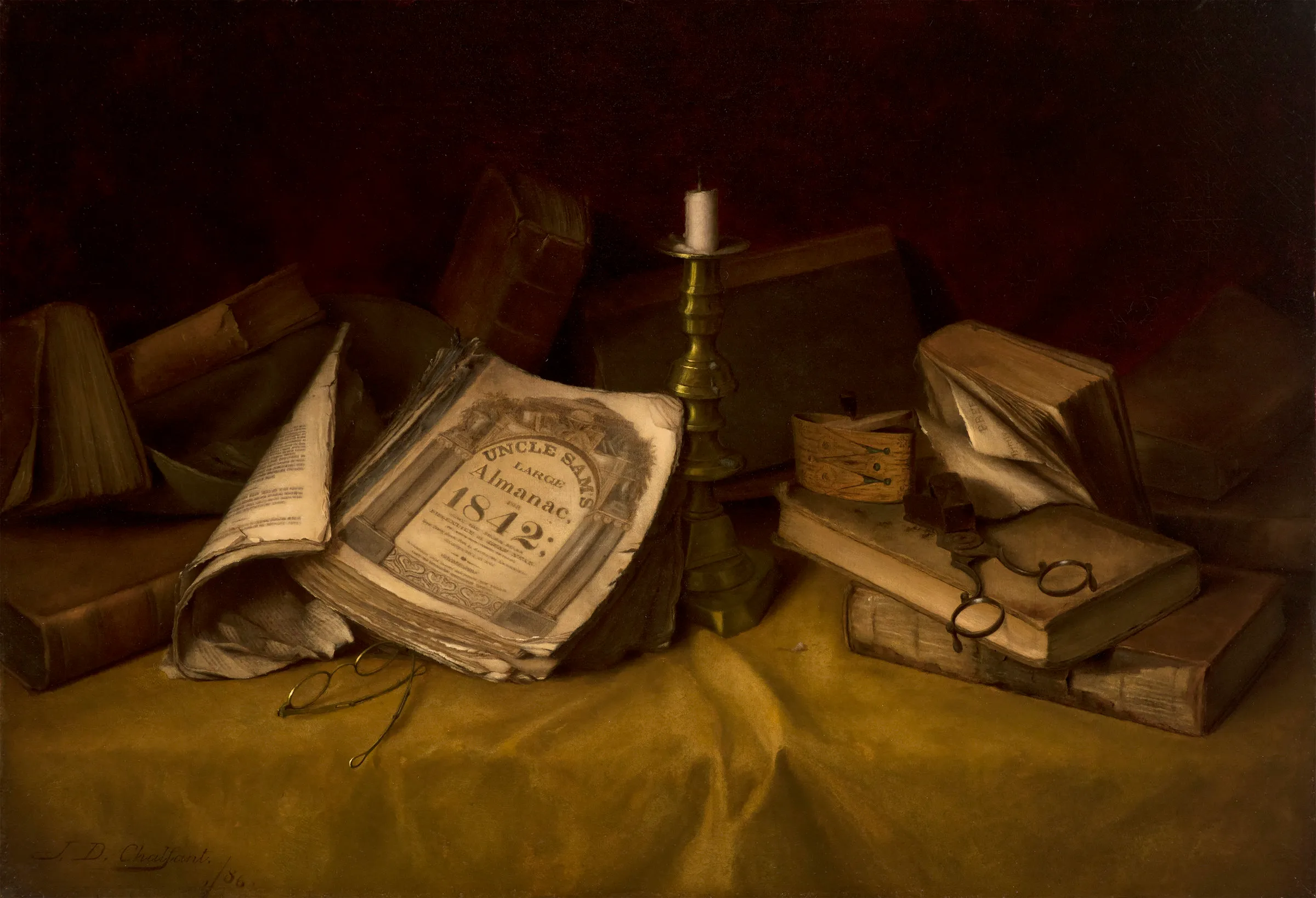 Jefferson David Chalfant (1856–1931), The Old Almanac, 1886, oil on canvas, 17 1/2 x 25 5/8 in., signed and dated lower left: J. D. Chalfant 1886