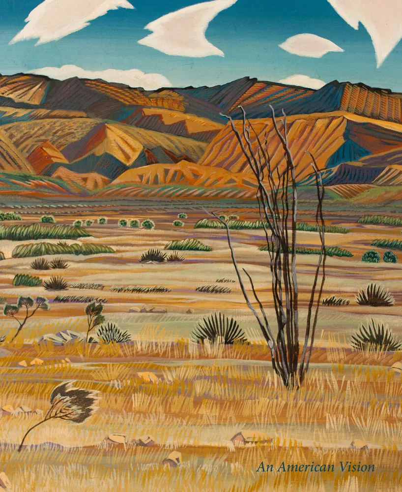 Cover of a catalogue titled An American Vision IV. Cover illustration is a landscape painting by Alexandre Hogue.