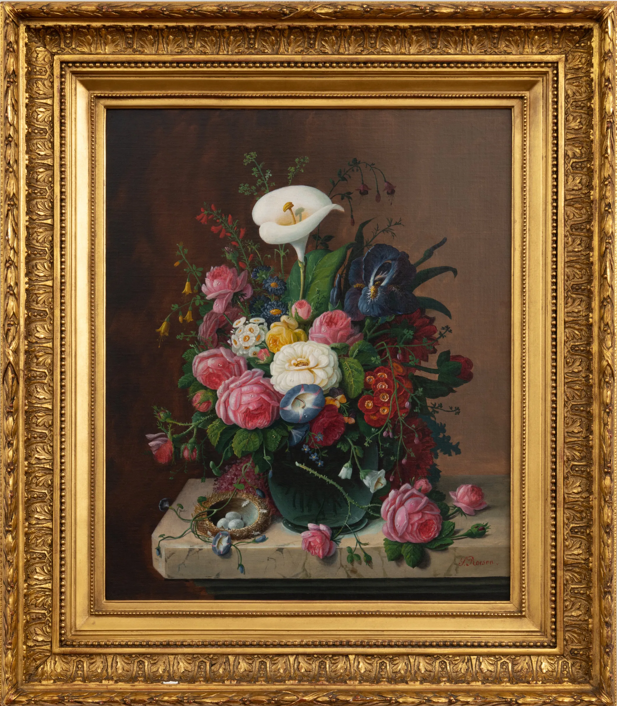 Severin Roesen (1816–c. 1872), Floral Still Life, c. 1870, Oil on canvas. 24 x 20 in., Framed dimensions: 33 1/2 x 29 3/4 in., Signed lower right: S. Roesen
