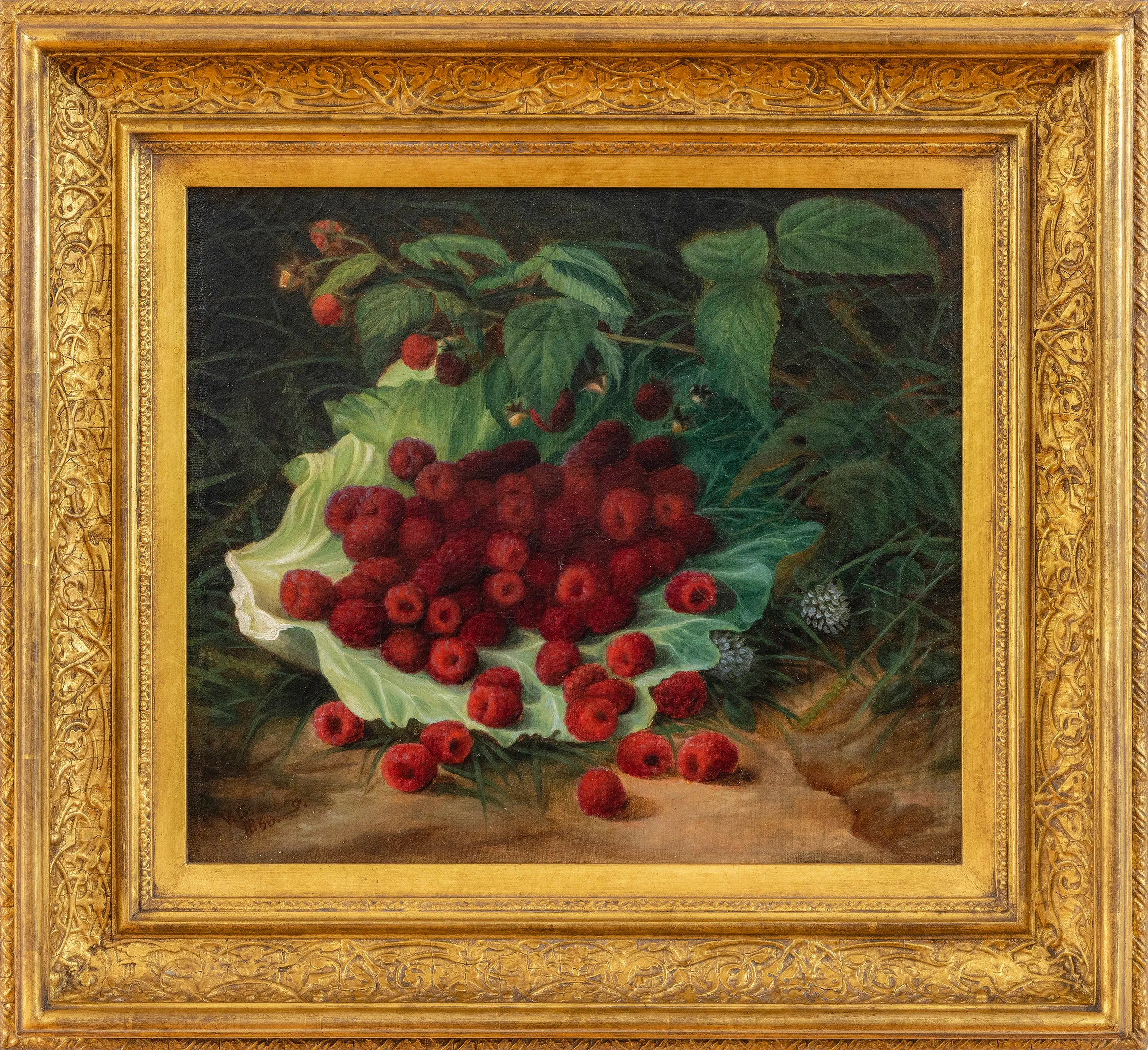 Virginia Granbery (1831–1921). Raspberries, 1860. Oil on canvas, 11 x 13 in. Signed, dated lower left: V. Granbery. / 1860. (framed)