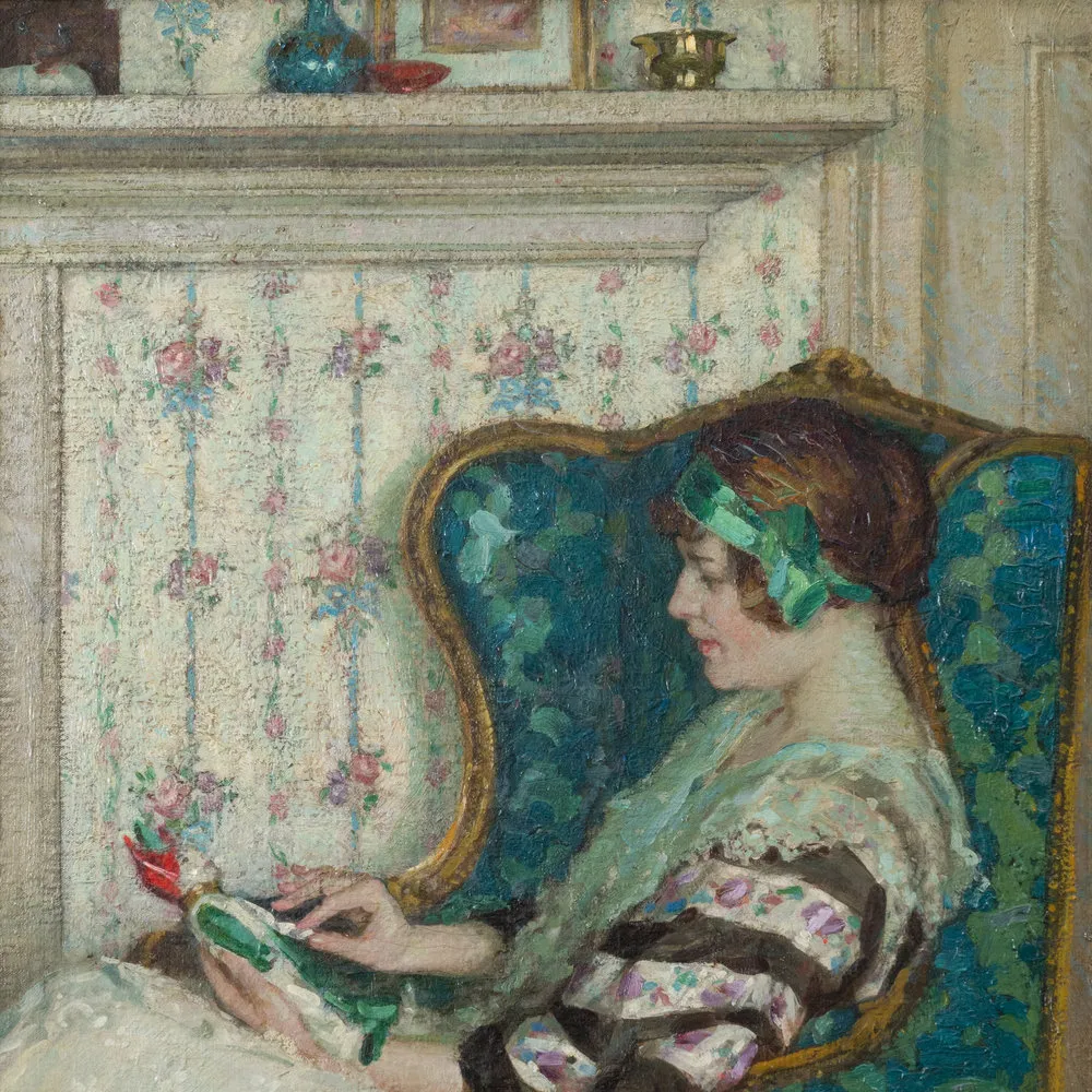 Henry Salem Hubbell (1870–1949). The Pied Mannequin, 1917. Oil on canvas, 26 x 18 1/2 in. (detail) Elegantly dress woman seated in an armchair in front of a mantel holding a doll.