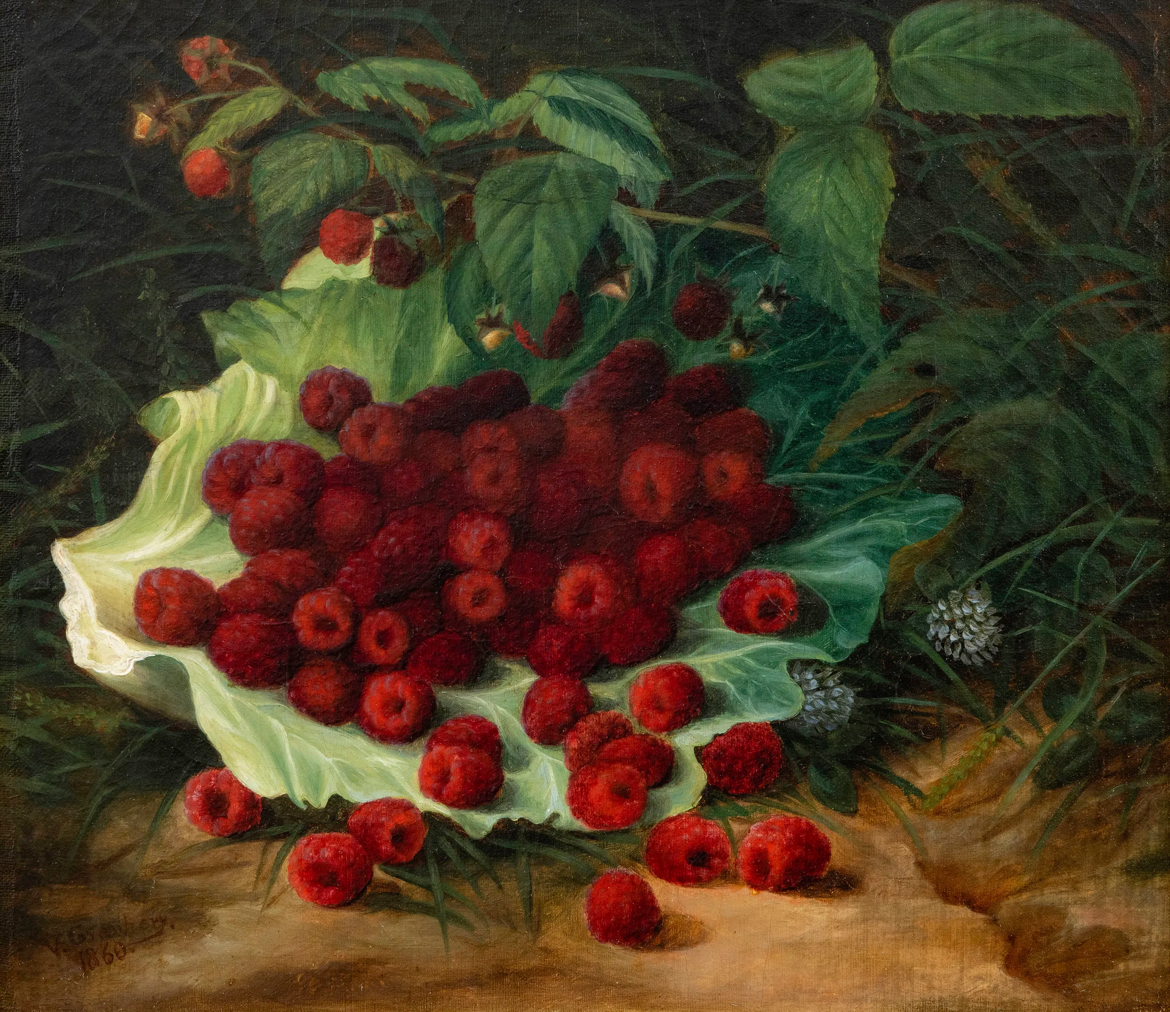 Virginia Granbery (1831–1921). Raspberries, 1860. Oil on canvas, 11 x 13 in. Signed, dated lower left: V. Granbery. / 1860.