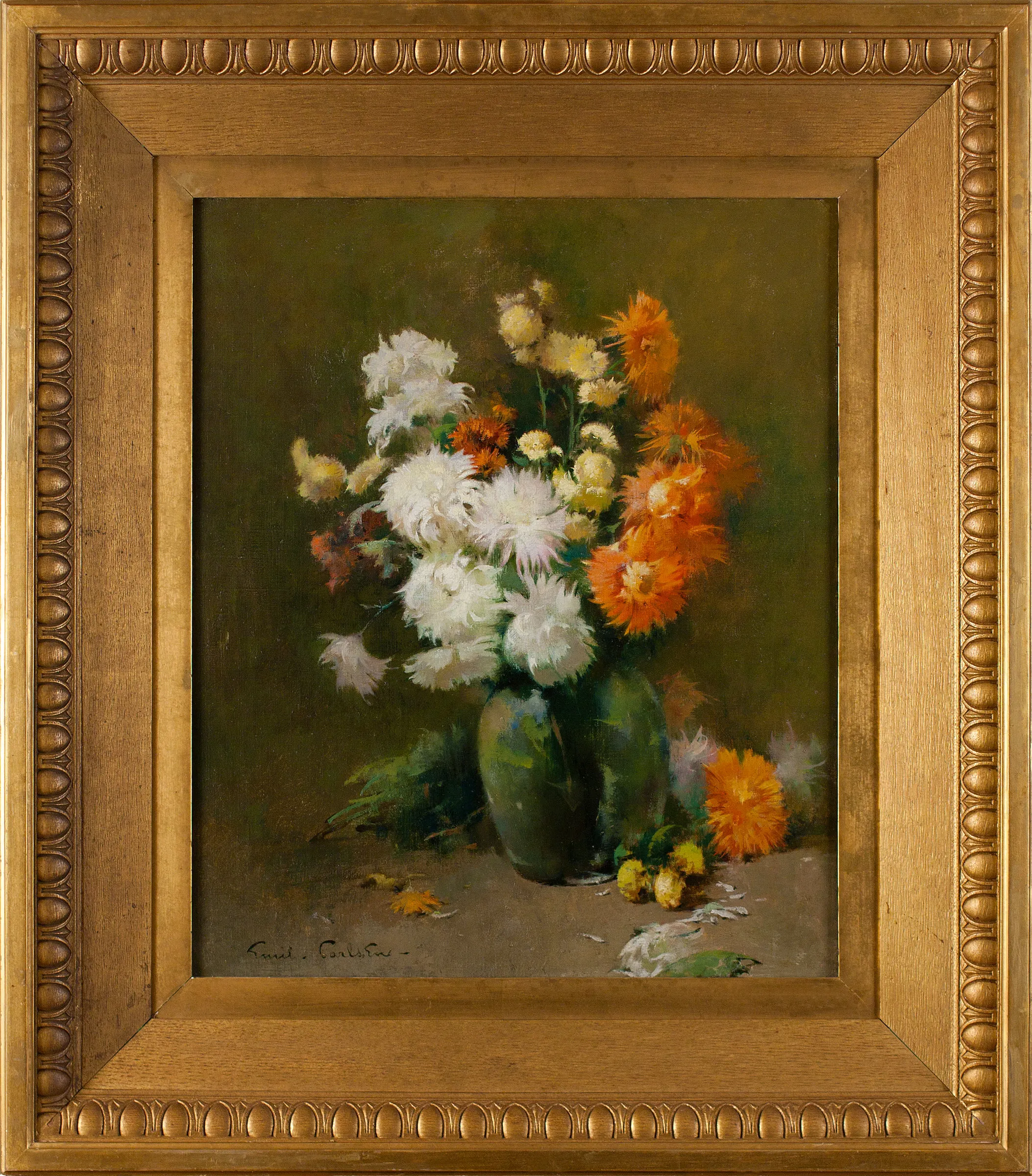 Søren Emil Carlsen (1853–1932), Chrysanthemums, 1898, oil on canvas, 24 x 20 in., signed lower left: Emil . Carlsen – Inscribed on verso: "Chrysanthemums" / Emil Carlsen – / London 98 (framed) –