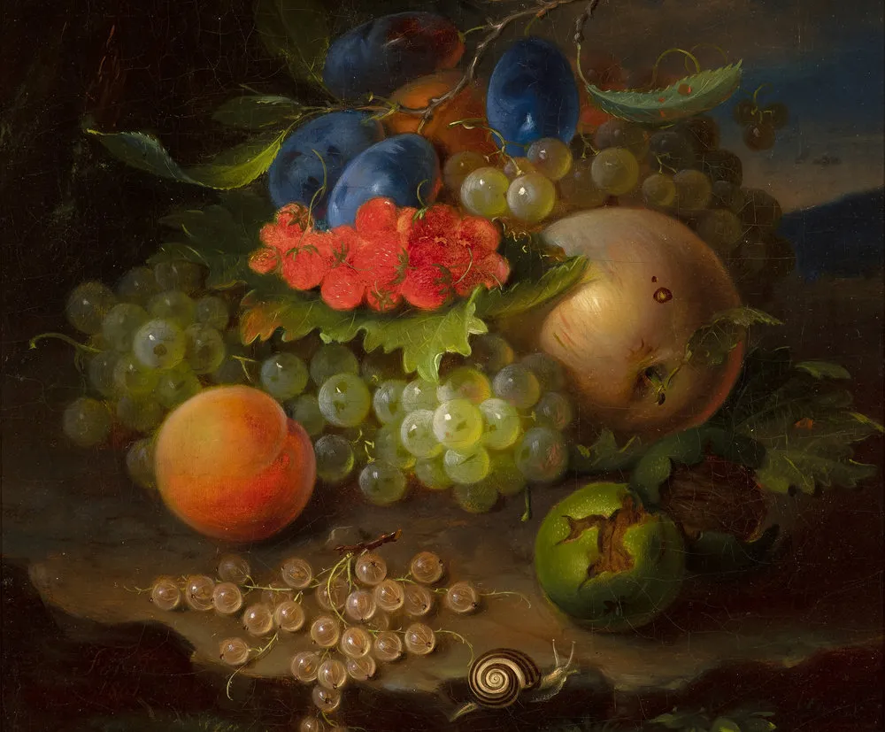 George Forster (1817–1896), Still Life of Fruit with Snail, 1861, oil on canvas, 14 5/8 x 11 7/8 in. (detail)