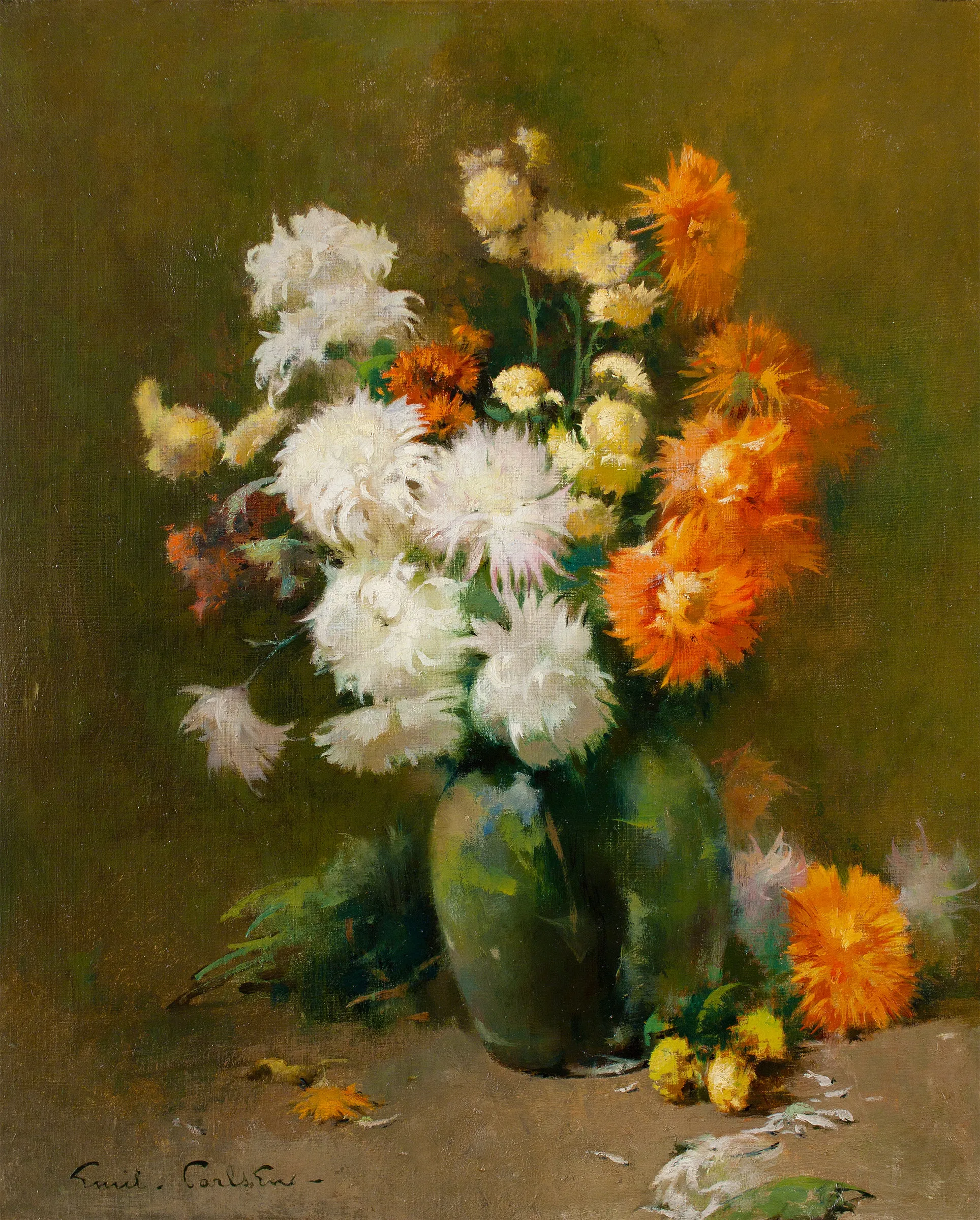 Søren Emil Carlsen (1853–1932), Chrysanthemums, 1898, oil on canvas, 24 x 20 in., signed lower left: Emil . Carlsen – Inscribed on verso: "Chrysanthemums" / Emil Carlsen – / London 98 –