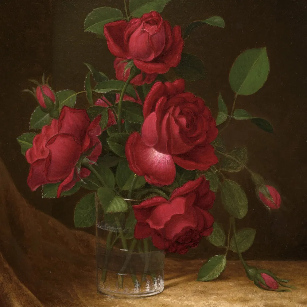 Martin Johnson Heade (1819–1904),  Four Roses in a Glass, c. 1883–1900, oil on canvas, 22 x 14 in. (detail)