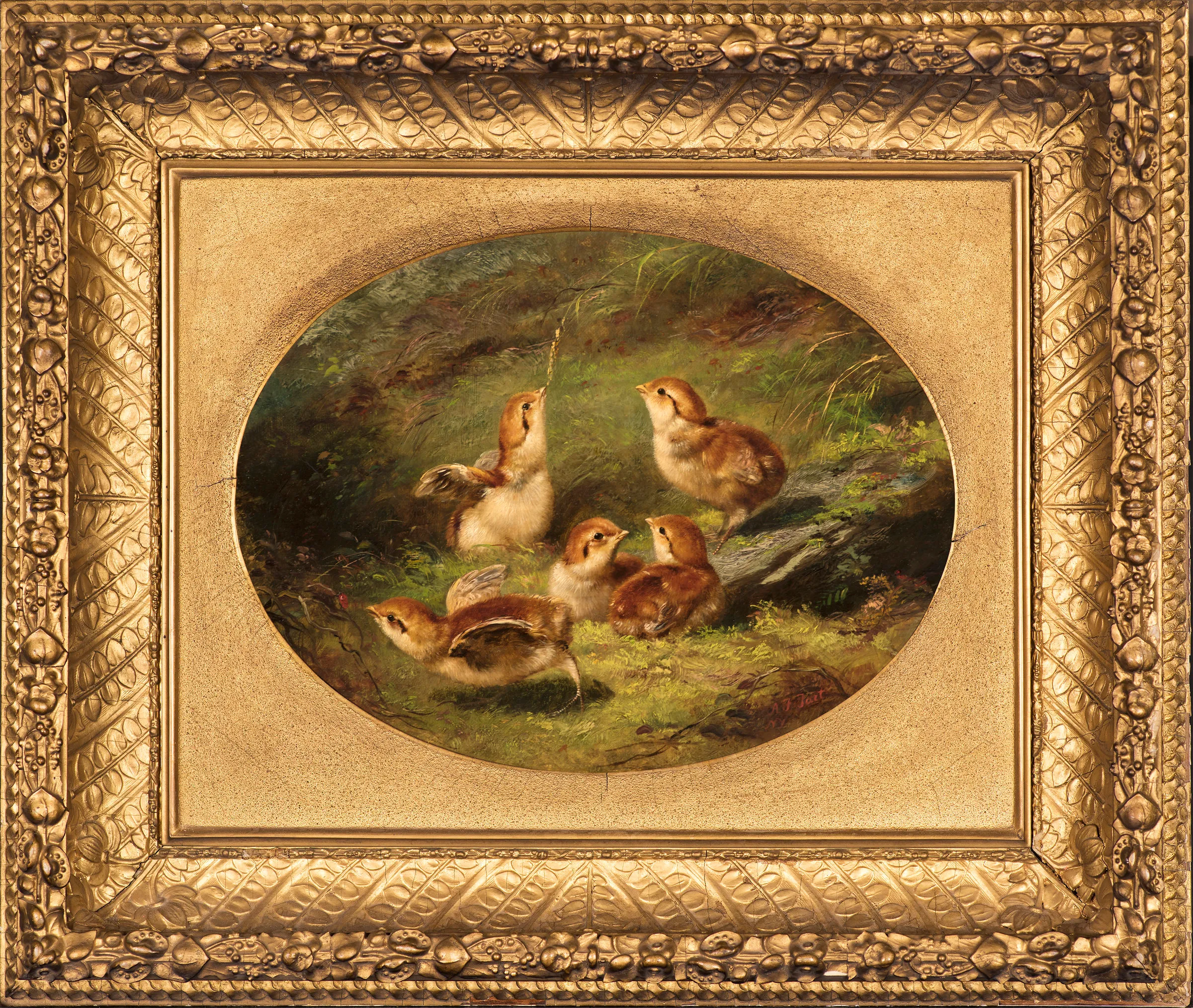 Arthur Fitzwilliam Tait (1819–1905), Young Ruffed Grouse, 1858, Oil on canvas, 9 ½ x 12 ½ inches (oval), Framed dimensions: 17 x 20 in., Signed lower left: A. F. Tait / NY, Inscribed on verso prior to relining: Young Ruffed Grouse by A. F. Tait 660 Broadway 1858 no 67