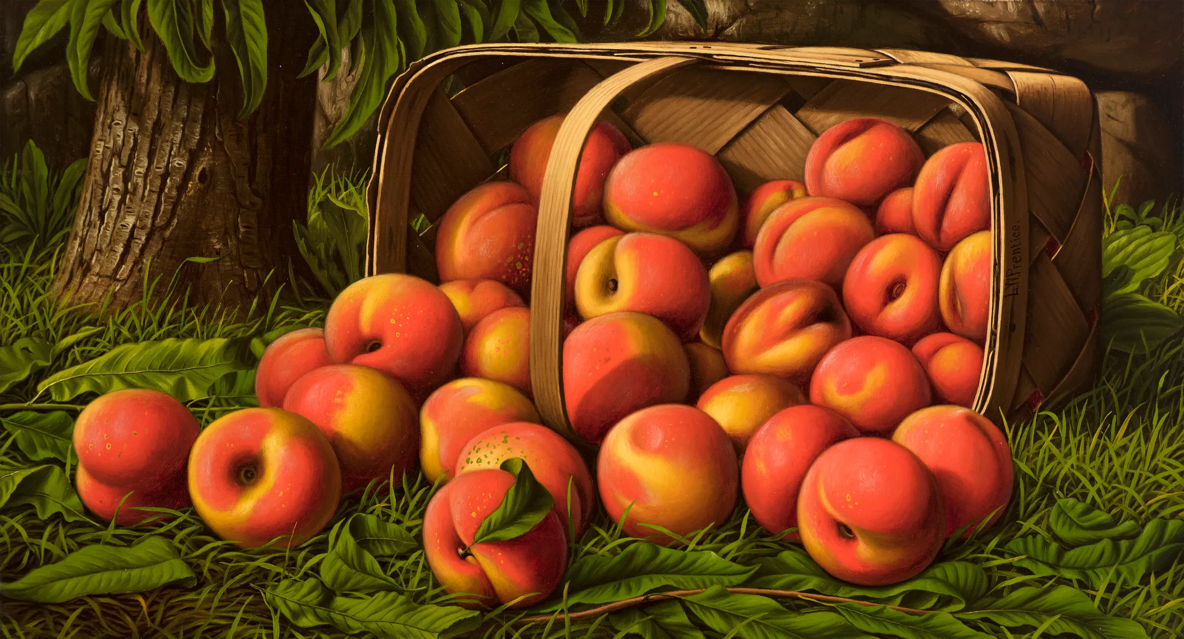 Levi Wells Prentice (1851–1935), Peaches in a Basket Under a Tree, oil on canvas, 12 x 22 in., signed on basket: L. W. Prentice