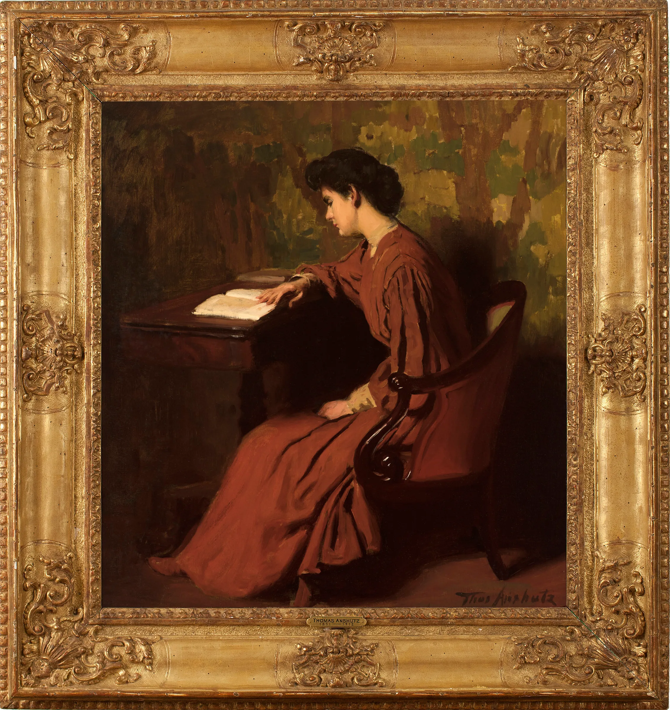 Thomas Anshutz (1851–1912). Woman Reading at a Desk, c. 1910. Oil on canvas, 26. x 24 in. Signed lower right: Thos Anshutz (framed)