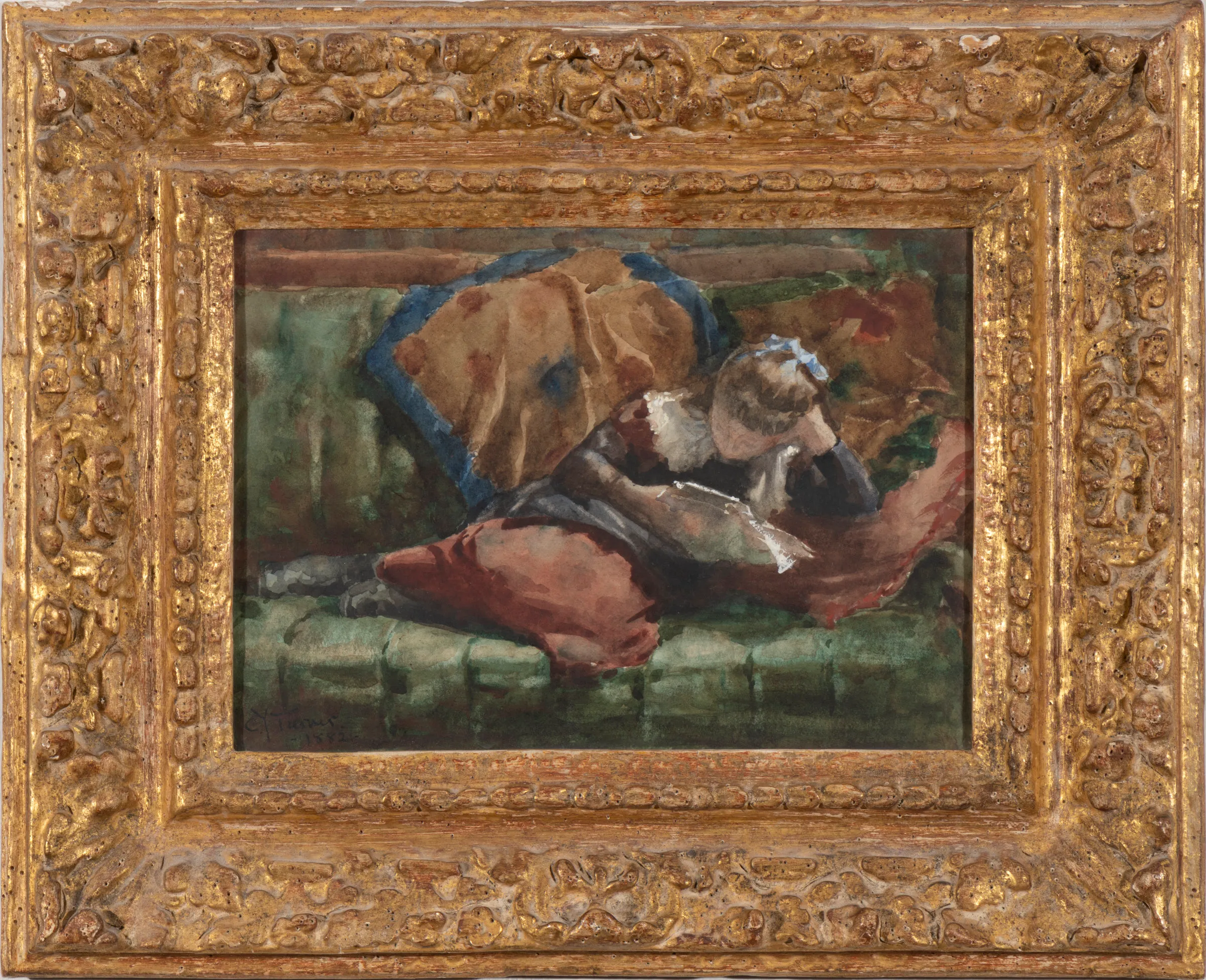 Charles Yardley Turner (1850–1918). Girl Reading, 1882. Watercolor on paper, 6 3/4 x 9 1/2 in. ​Signed and dated lower left: C. Y. Turner / 1882 (framed)