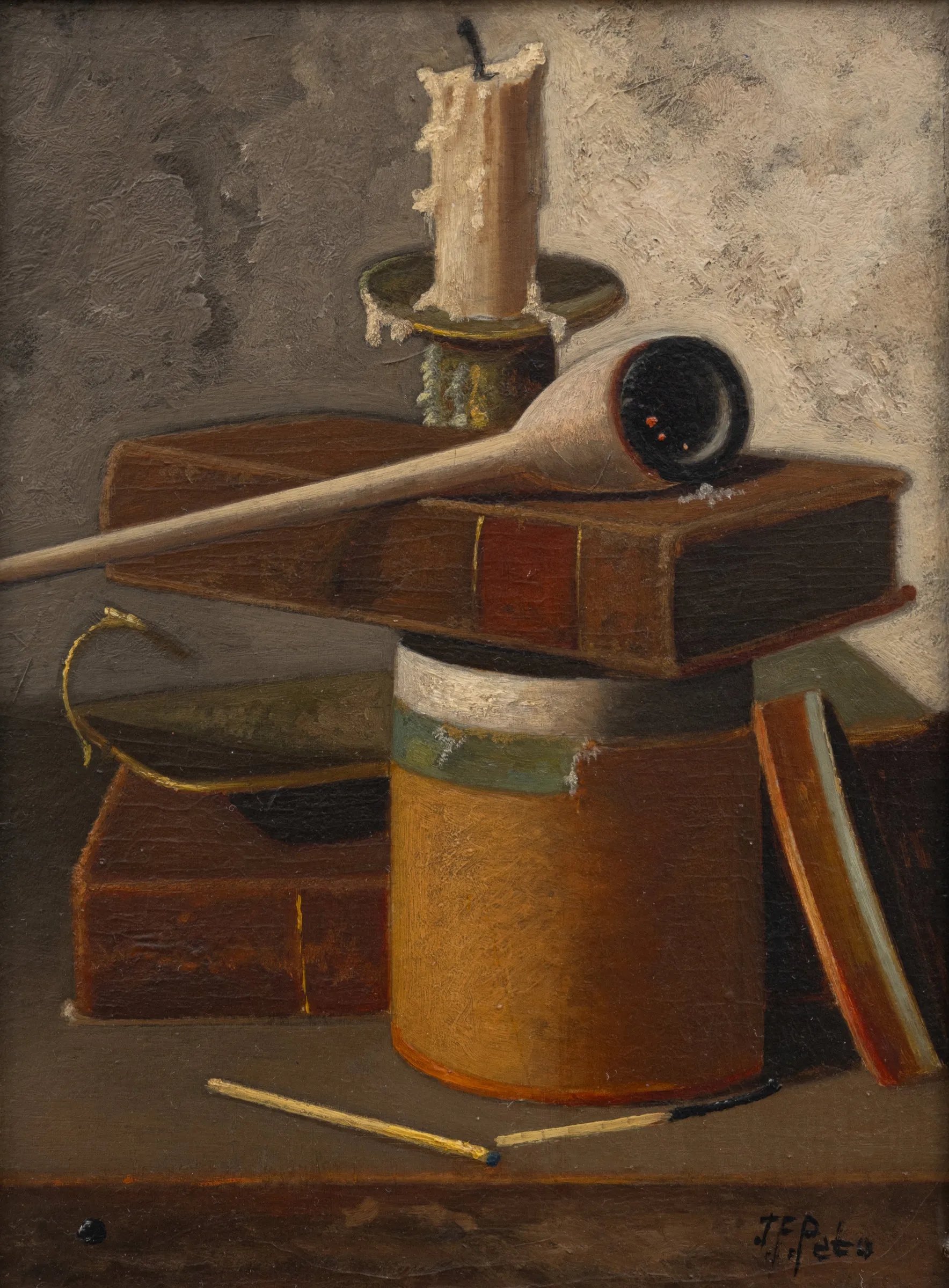 John Frederick Peto (1854–1907). Still Life with Candle, Pipe and Books. Oil on board, 10 x 7 1/2 in. Signed lower right: J. F. Peto