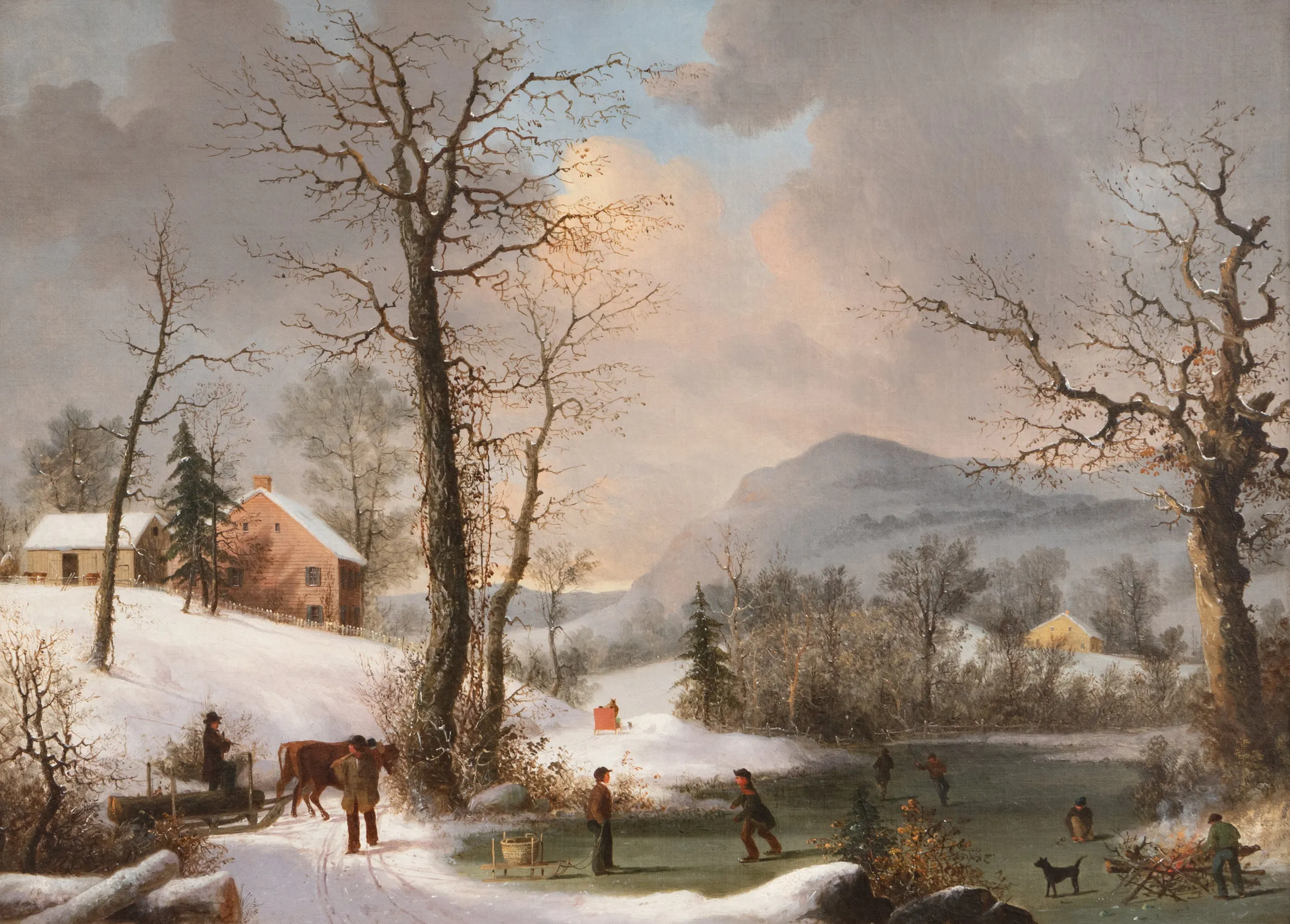 George Henry Durrie (1820–1863). Skaters and Woodsmen, c. 1860. Oil on canvas, 22 x 29 3/4 in. Unsigned