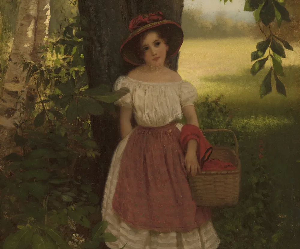 John George Brown (1831–1913)  The Berry Picker, 1864. Oil on canvas. 14 13/16 x 10 in. (detail). A young girl wearing a white dress and apron resting under a tree.