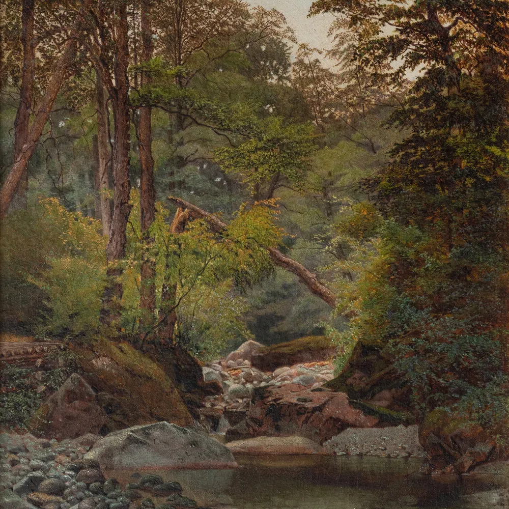 Alexander Lawrie (1828–1917). Woodland Interior, 1863. Oil on canvas, 12 x 9 1/4 in. (detail). A lush woodland scene with a stream running down the center of the composition.