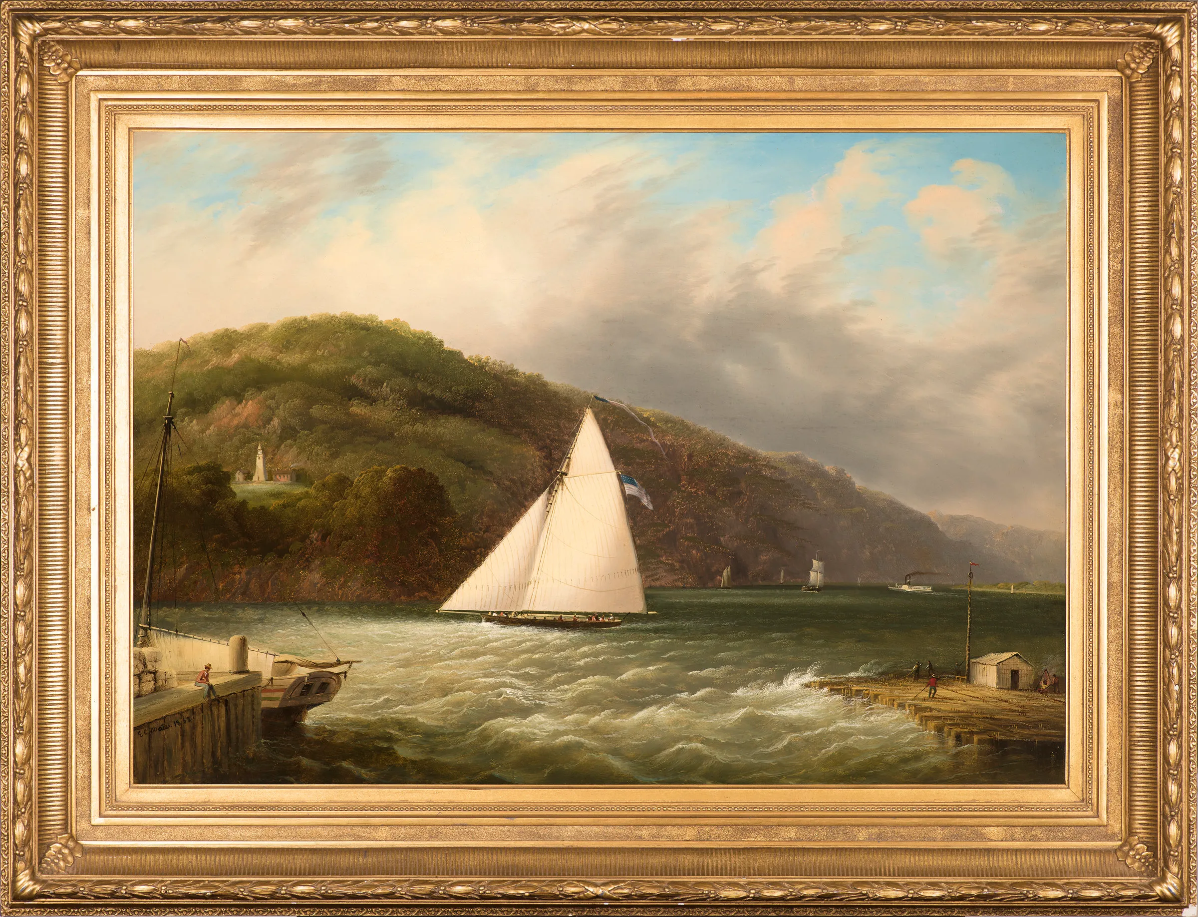 Edmund C. Coates (1816–1871), Yachting on the Hudson, 1863, Oil on canvas, 24 x 34 in., Framed dimensions: 33 x 43 1/2 in., Signed and dated lower left: E.C. Coates 1863