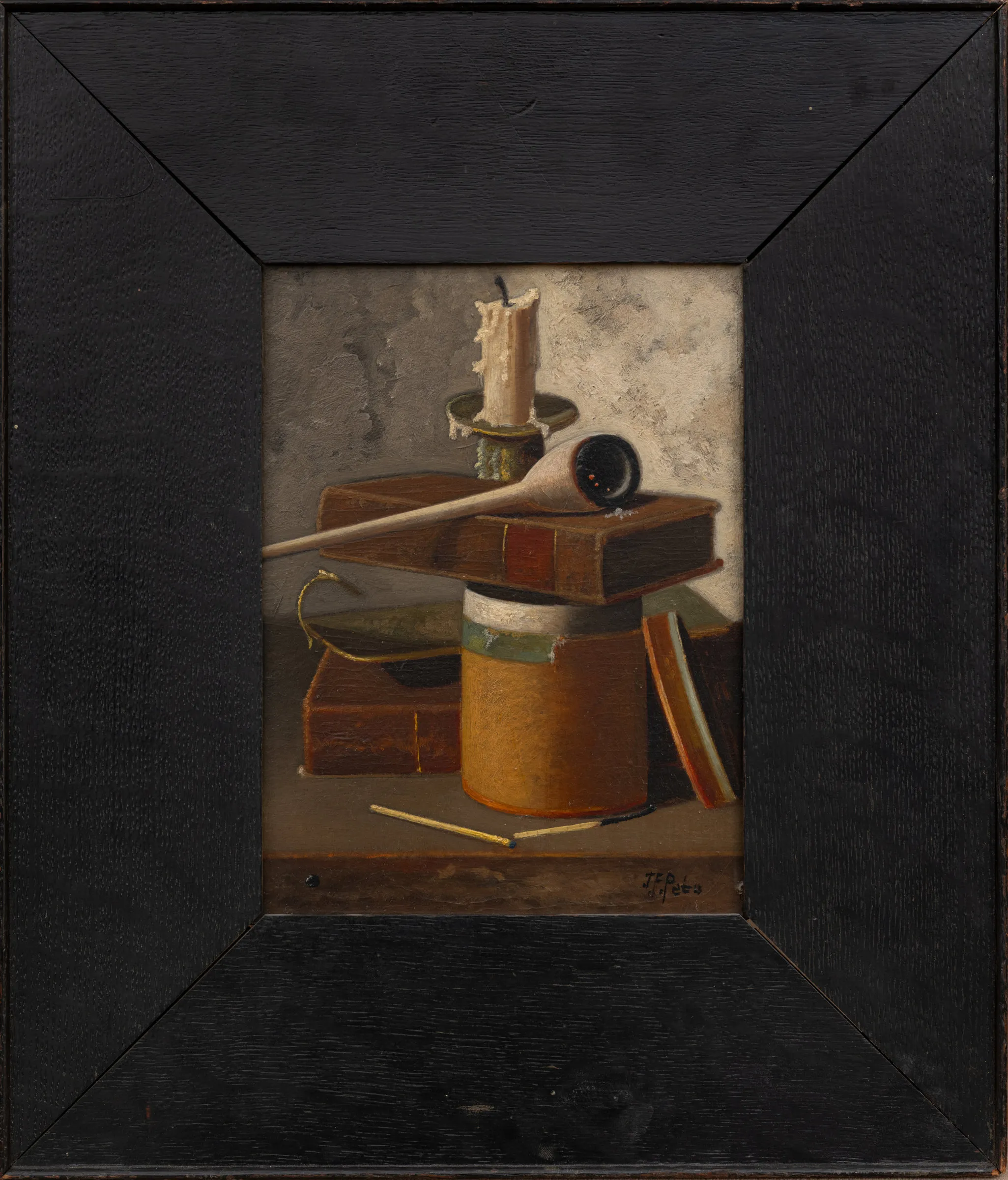 John Frederick Peto (1854–1907). Still Life with Candle, Pipe and Books. Oil on board, 10 x 7 1/2 in. Signed lower right: J. F. Peto (framed)