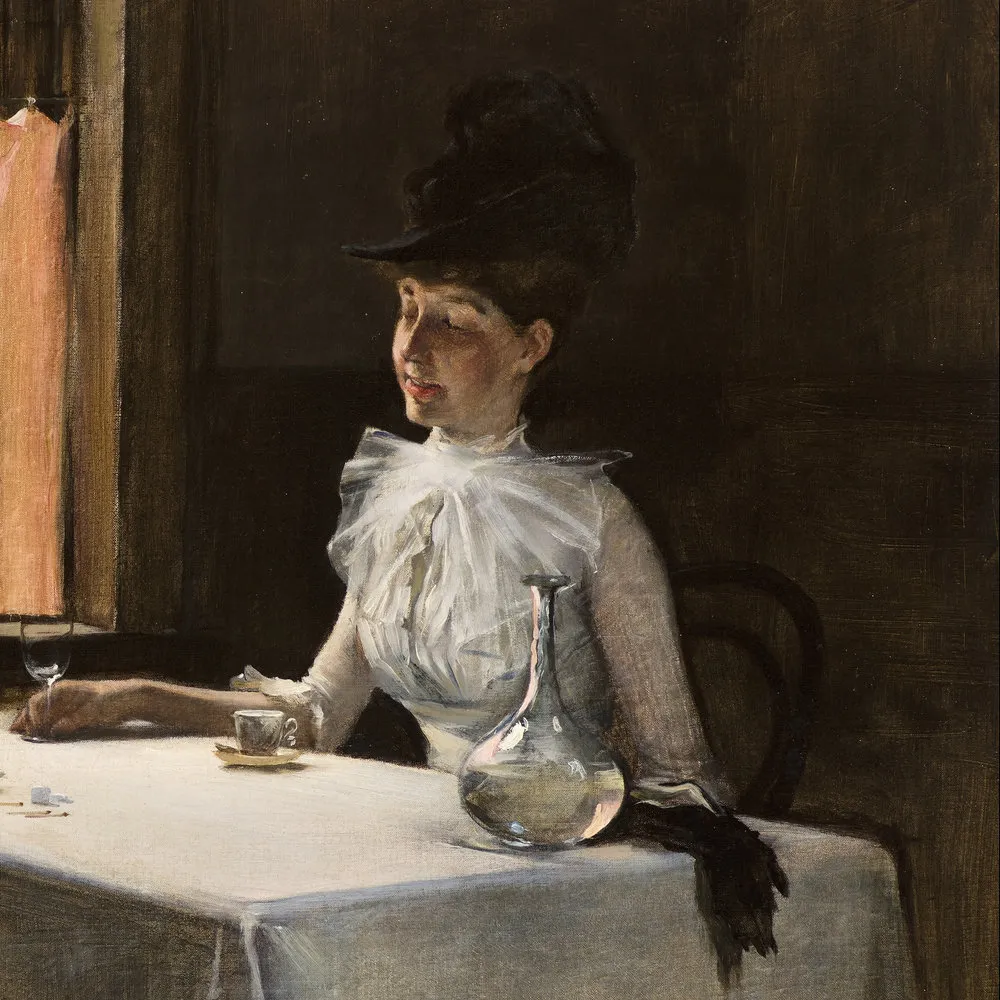 Irving Ramsey Wiles (1861–1948), The Loiterers, 1887, oil on canvas, 18 x 24 in. (detail). The artist and his wife seated in a Parisian cafe.