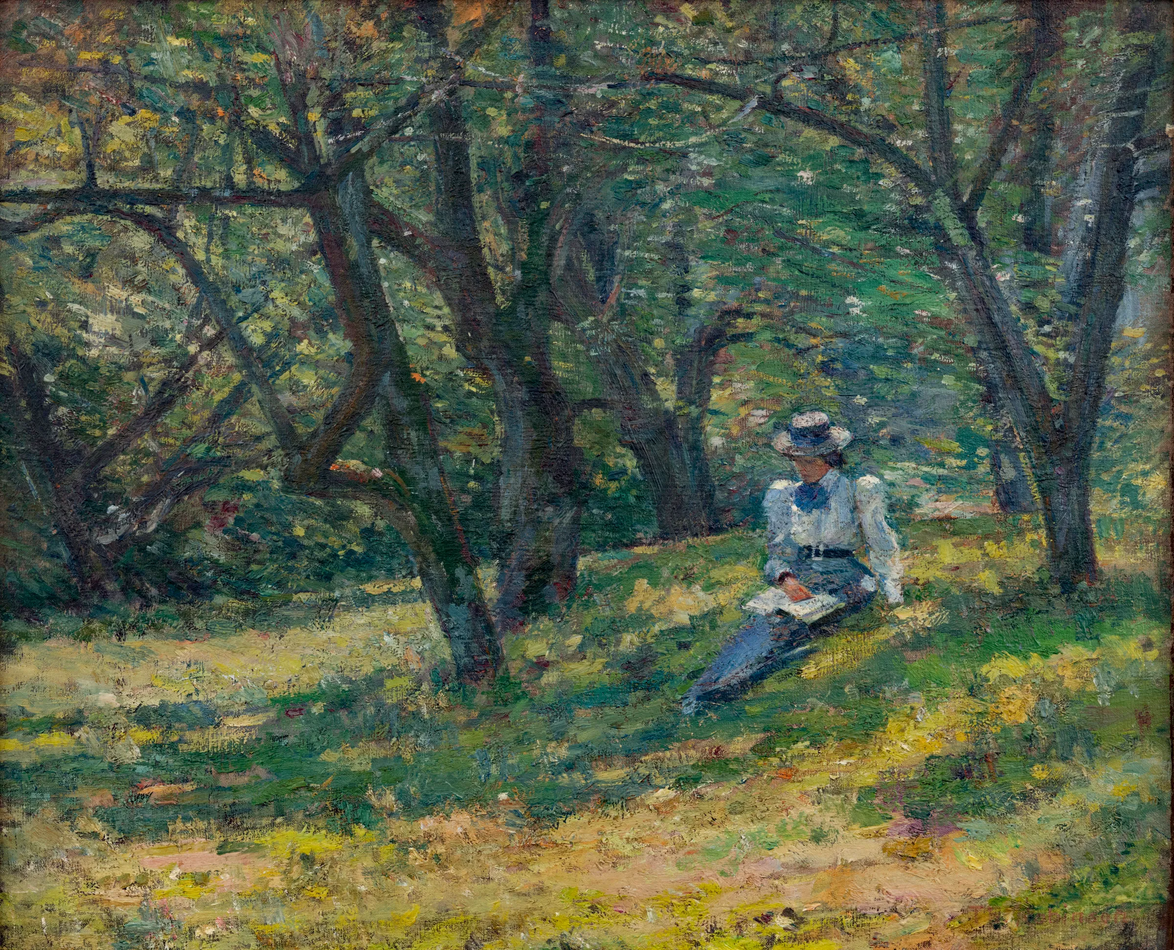 An impressionist painting by Theodore Robinson (1852–1896) that depicts a woman seated in an orchard reading a book . Oil on canvas, 18 x 22 in., signed lower right