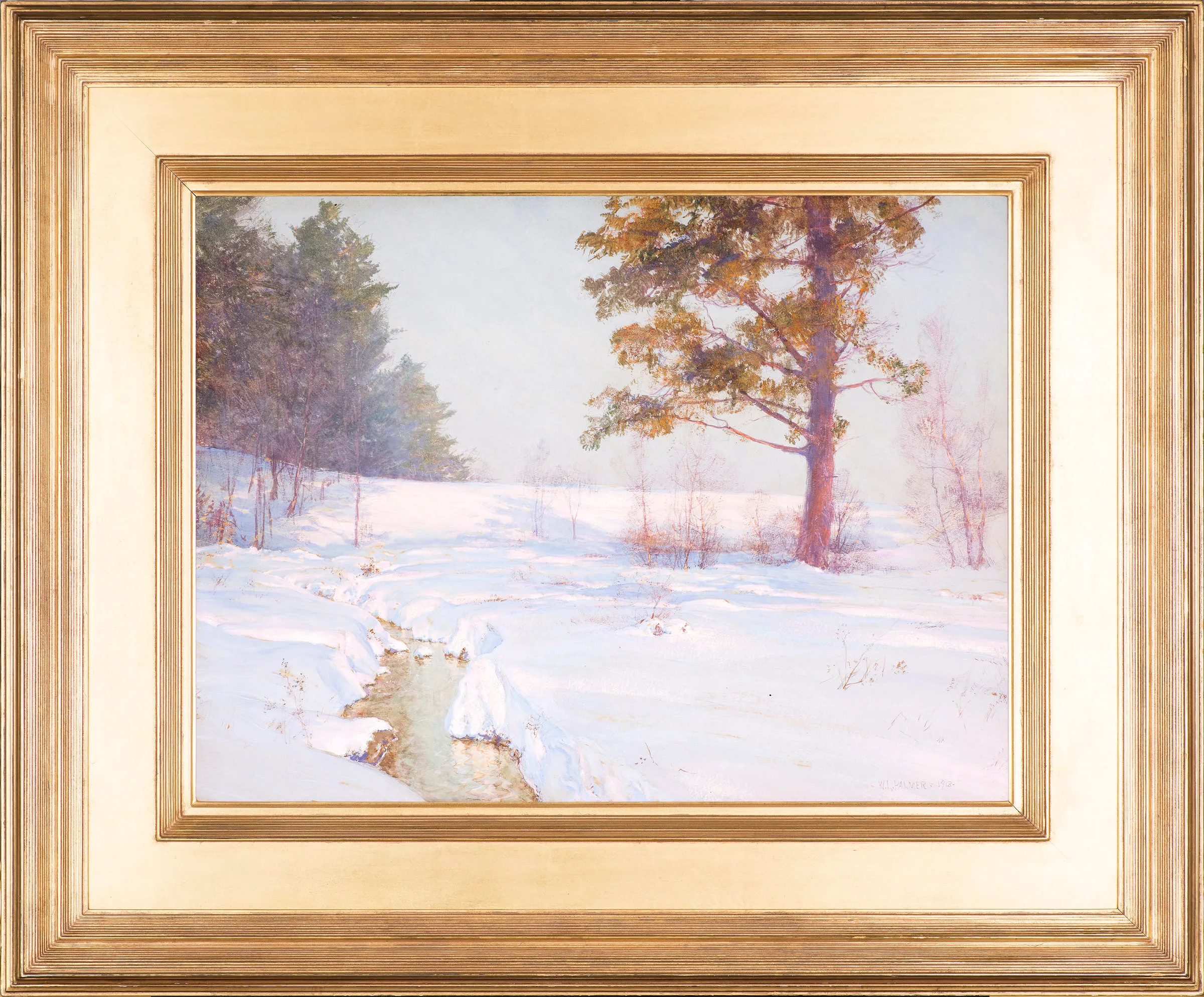 Walter Launt Palmer (1854–1932), Stream in Winter, 1913, watercolor and gouache on paper, 18 x 24 in., signed and dated lower right: W. L. Palmer 1913 (framed)